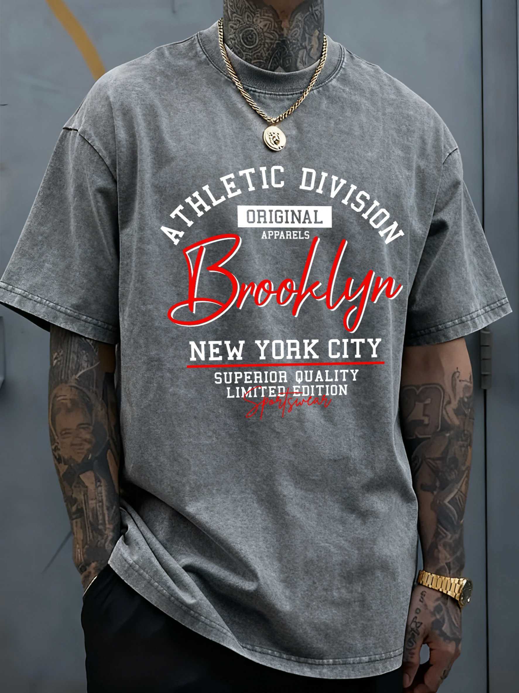 Brooklyn New York City Art Letter Print Man Washed T-Shirt Sport Summer T Shirt Cotton Loose Short Sleeve O-Neck Soft Sportswear M260317