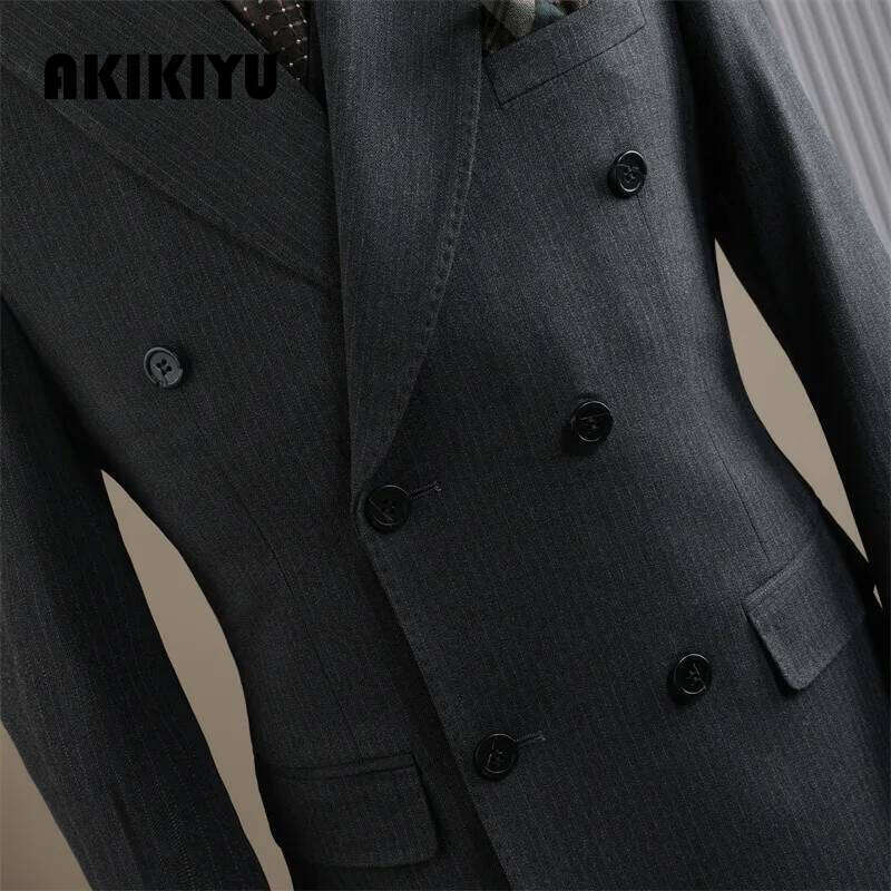 High Quality Mens Formal Business Slim Fit Double-Breasted Striped Suit Set Groom Wedding Dress Party Tuxedo Men's Clothing AKIKIYU