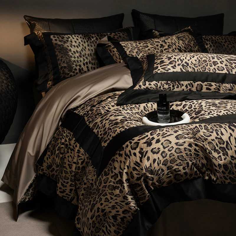 1000TC Egyptian Cotton Leopard Print Fashion Luxury Bedding Set Queen King Size Duvet Cover Flat/Fitted Bed Sheet Pillowcases D260317