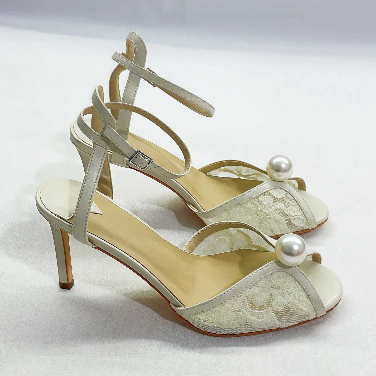 Ladies Fashion White Lace Pearl Ankle Strap High Heel Sandals Crystal-embellished Open Peep Toe Wedding Dress Women Shoes Pumps K260317