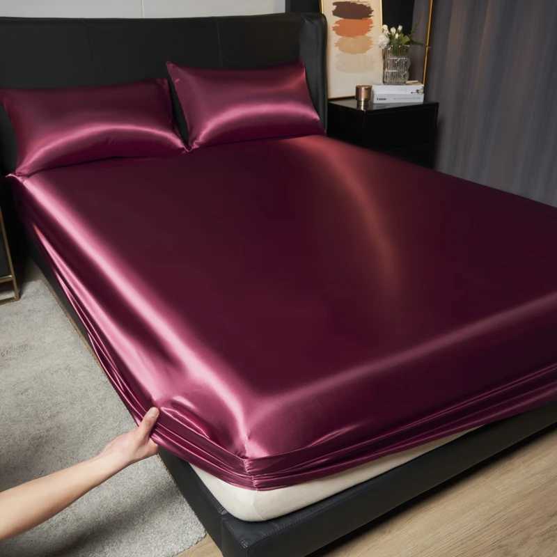 1Pc Satin Fitted Sheet Solid Colour Twin Full Queen Ice Silk Mattress Cover Natural With Elastic Band Bed Sheet No Pillowcase D260317