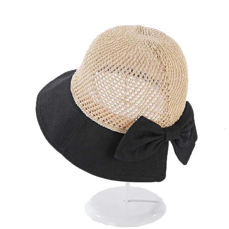 COKK Summer Hats For Women Knitted Breathable Foldable Sun Hat With Bow Sun Protection Sunshade Korean Beach Hat Cap Travel New H260317 - view 7