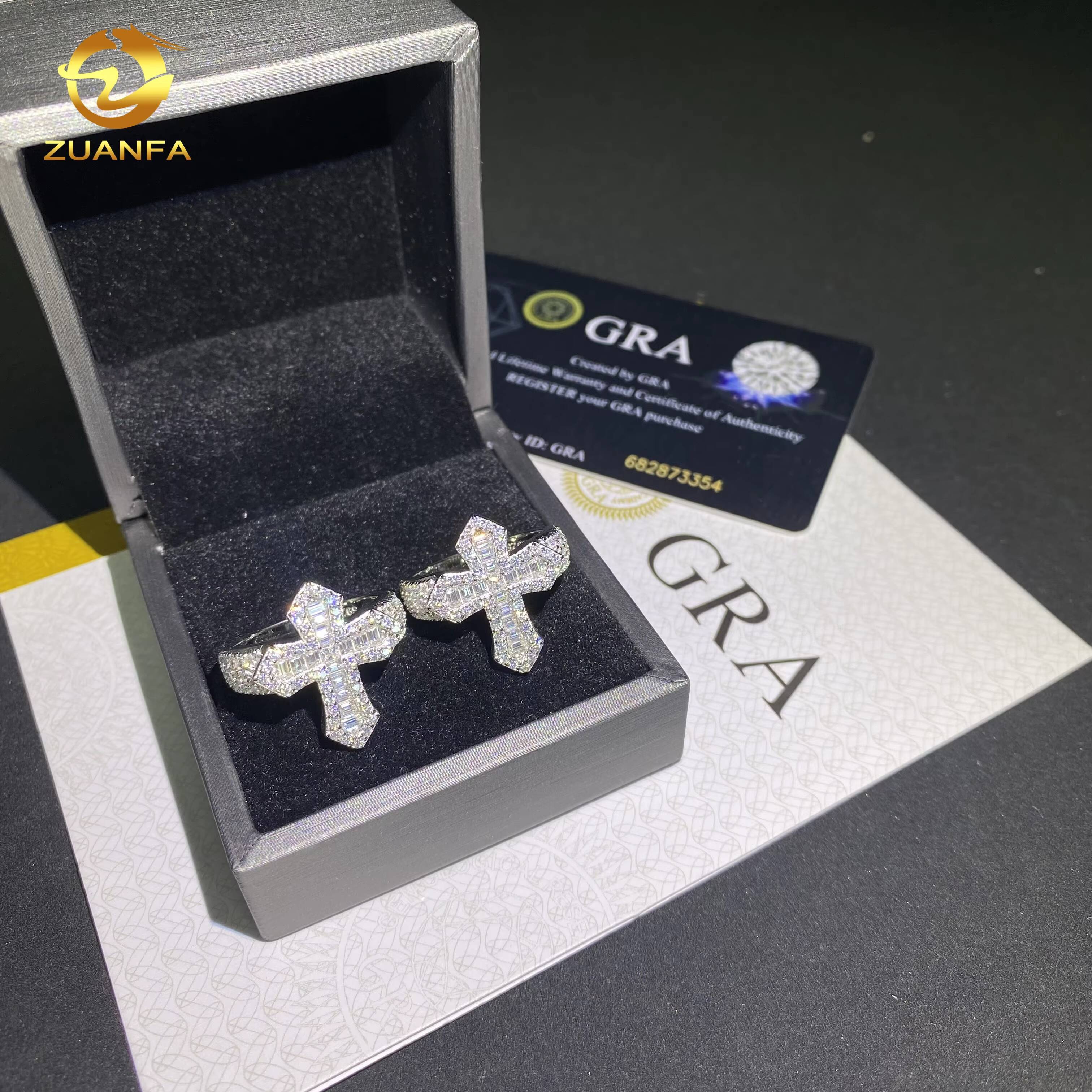 925 Silver Fine Jewelry Iced Out Diamond Ring Custom Hip Hop VVS D Moissanite Baguette Diamond Cross Rings GRA Certificate