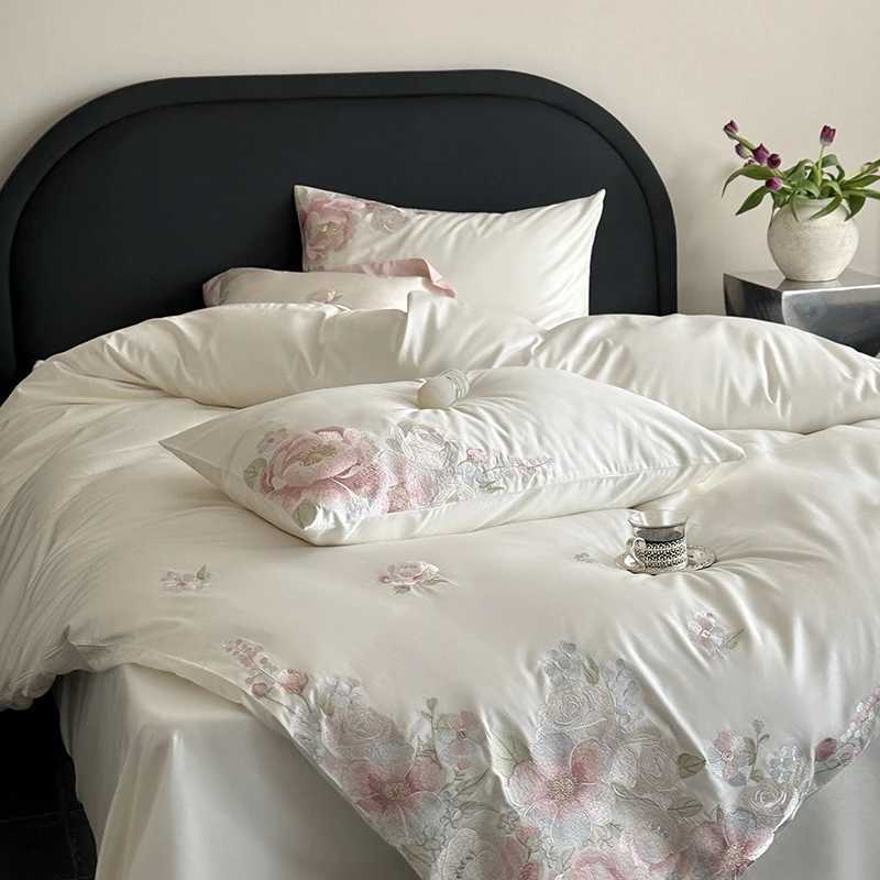 Flowers Embroidery Luxury Bedding Set Egyptian Cotton Single Queen King Size Duvet Cover Flat/Fitted Bed Sheet Pillowcases 3/4Pc D260317