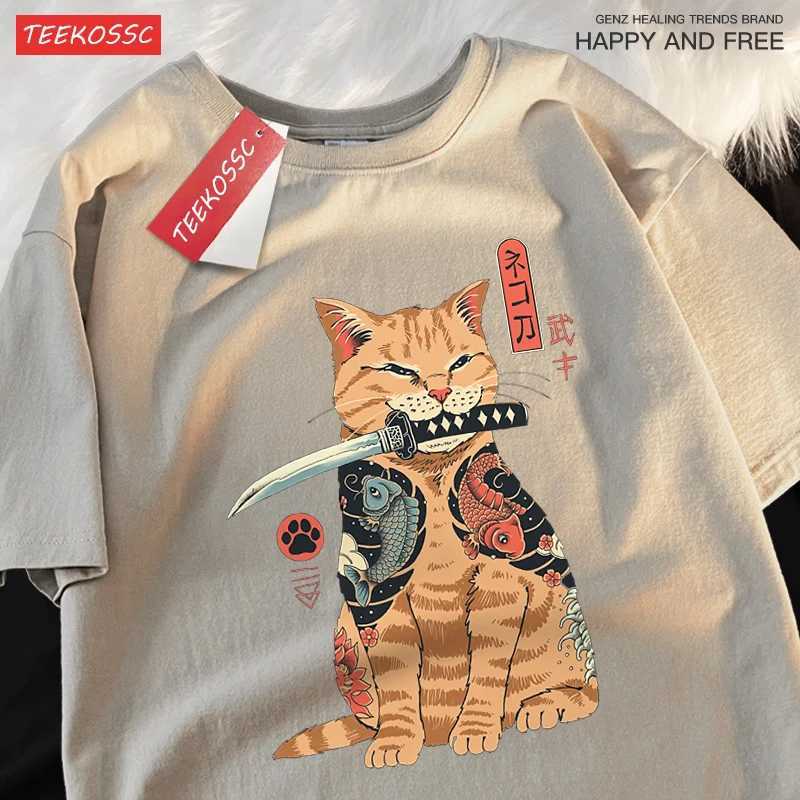 Japanese Harajuku Samurai Sword Cat T-Shirt Men Women Casual Tee Clothes Cotton Summer Tops Breathable Oversized T-Shirts Couple M260317