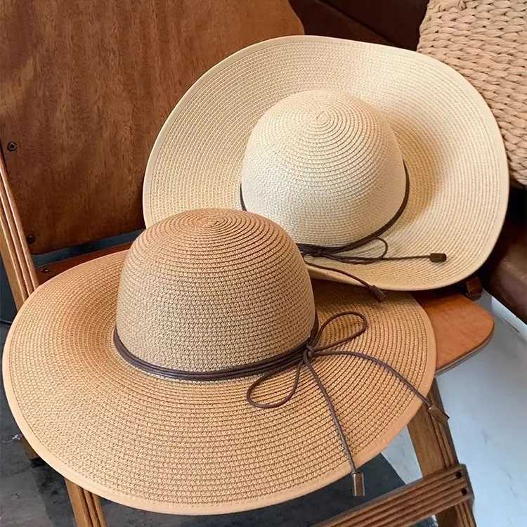 Fashion Women Straw Sun Hat Summer Wide Brim UV Protection Panama Hat with Belt Strap Outdoor Beach Vacation Travel Accessories H260317 - view 5