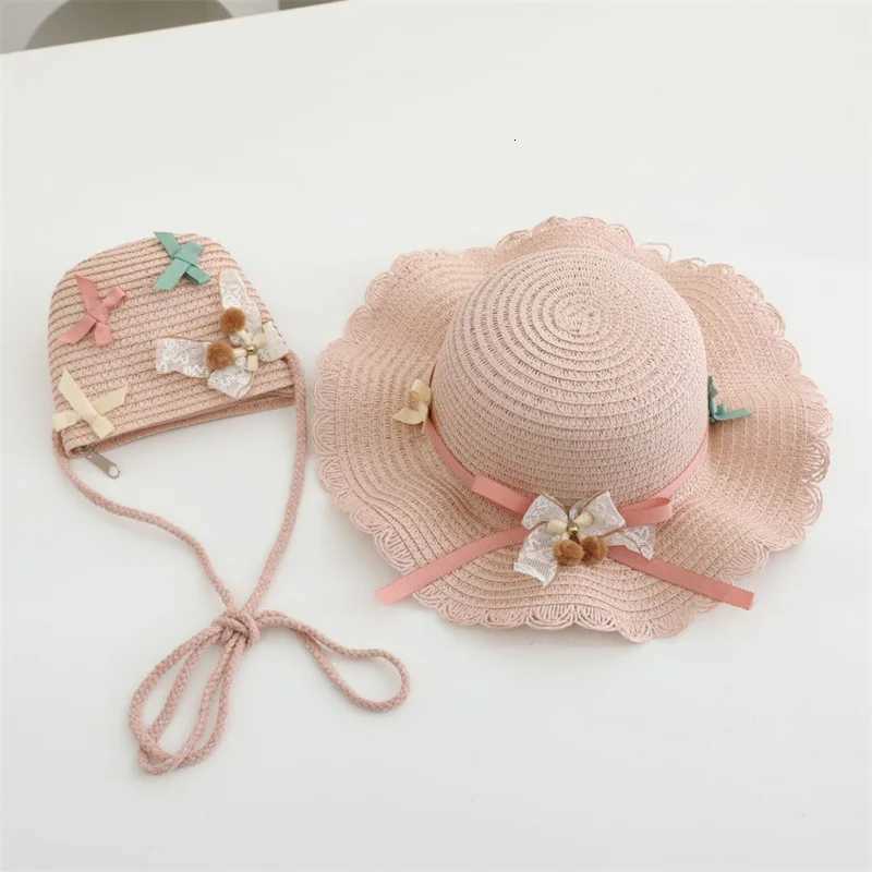 Girls 2pcs Straw Hat Solid Color Outdoor Travel Sun Hat Floral Fisherman Style Childrens Fashion Accessory for Girls H260317 - view 5