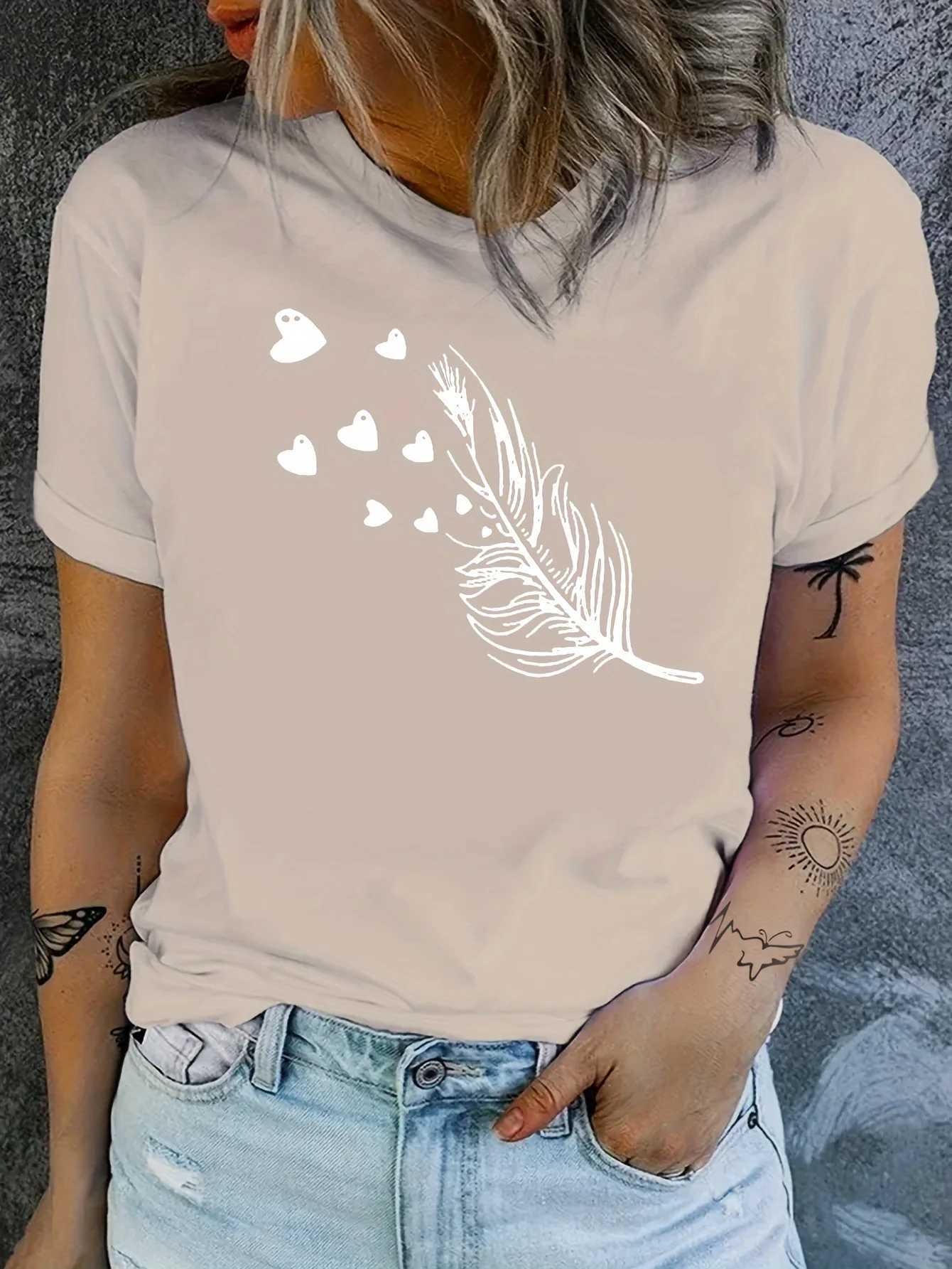 Blue Feather Hearts Womens Tee - Delicate Graphic Soft Romantic Print for Casual Daily Wear M260317