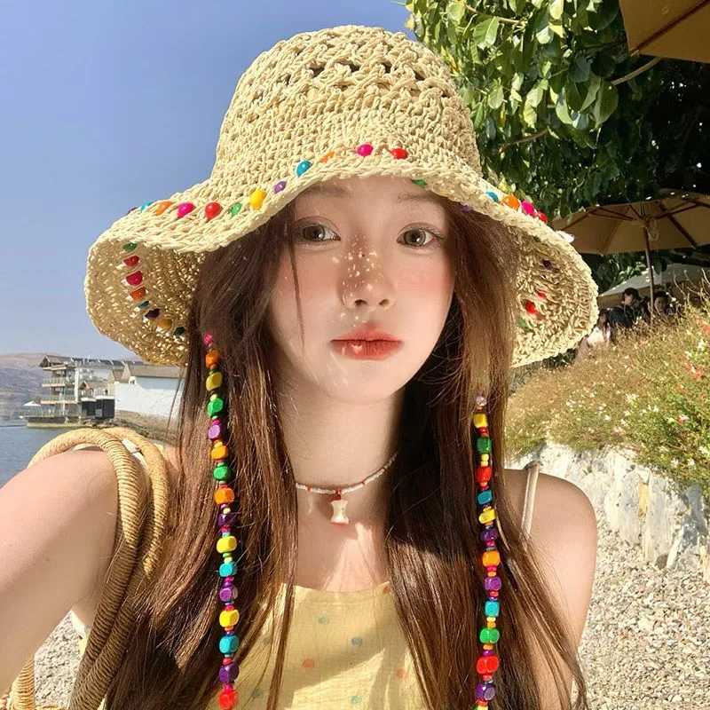 1Pcs Women Crochet Straw Bucket Hat-Colorful Beaded Sun HatTrendy Summer Beach/Outdoor Travel Headwear Hats for Women H260317 - view 4