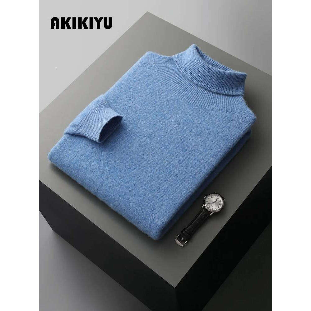 Autumn Winter Men's Sweater Turtleneck Long Sleeve Pullover Smart Casual 100% Merino Wool Knitwear Soft Warm Jumper Clothes AKIKIYU