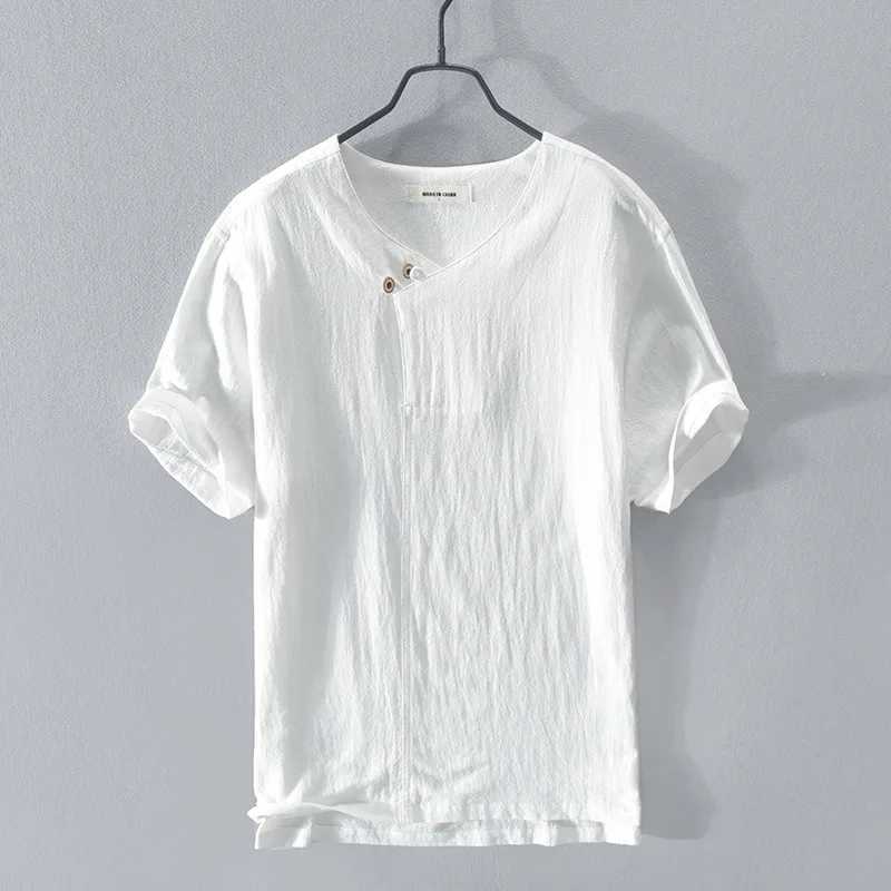 Loose Oversized Cotton Linen Short-sleeved Mens T-shirt Collar Buckled Half-open Shirt Korean Fashion Men Clothing 2020 New M260317