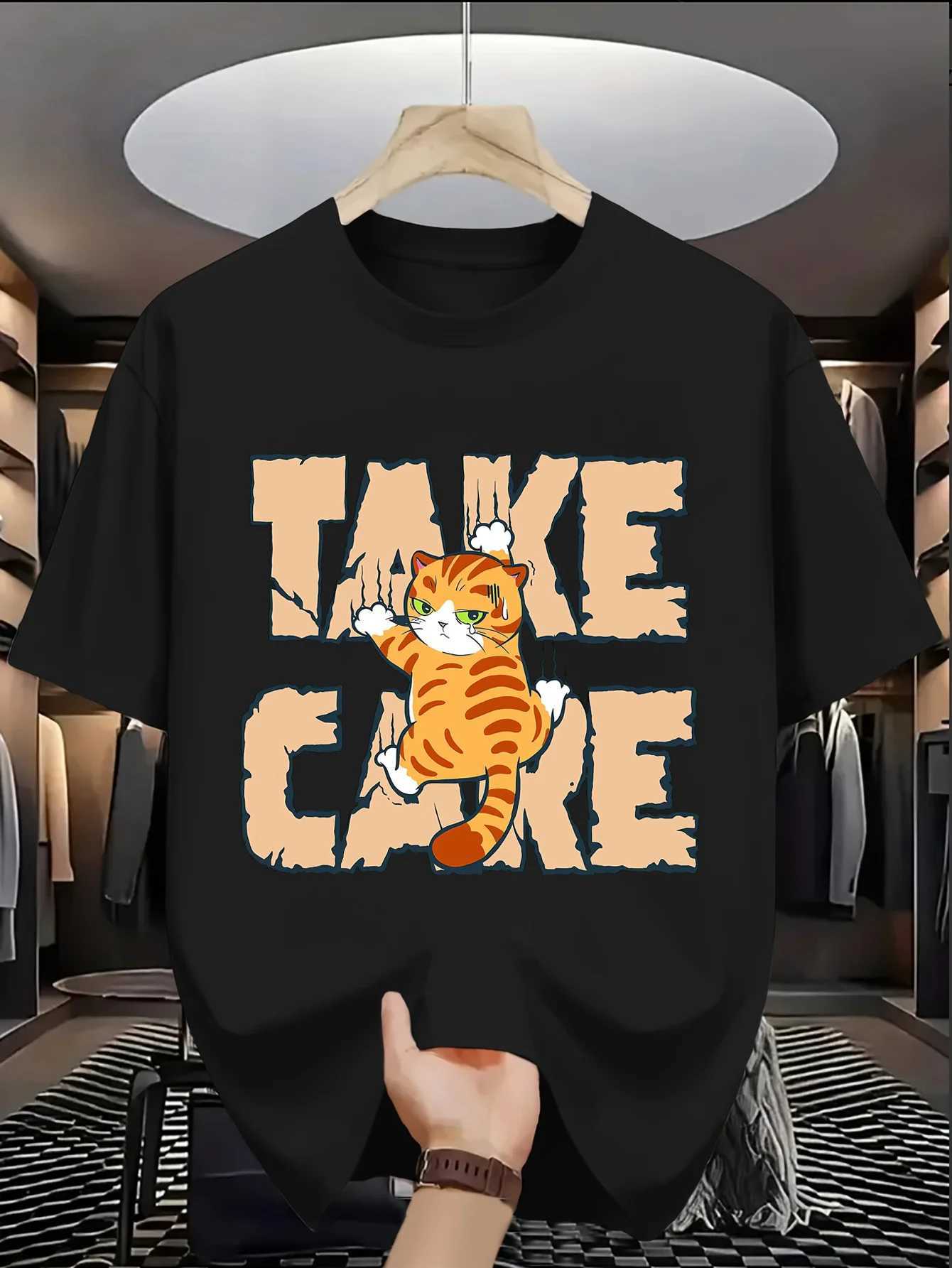 Summer Men Trendy American Street Style T-shirt Suitable Casual Outings Daily Wear Cat Pattern 100 Cotton Material Versatile M260317