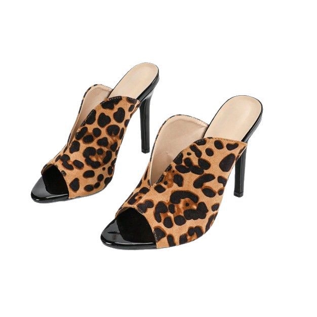 luxury sandals 2026 Women's Leopard Print Stiletto Mules, Square Toe Open Back High Heels for Party Club