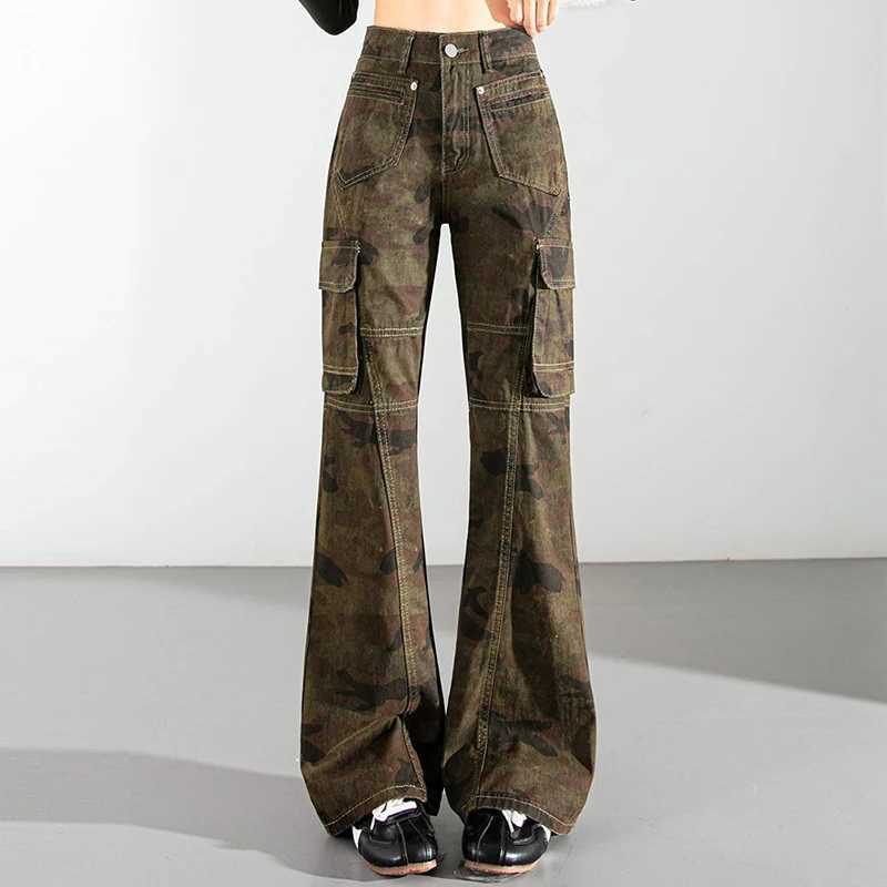 2026 Lady High Waist Camouflage Flared Jeans Hot Sale s Retro Thin Straight Leg Pants Women Fashion Denim Trousers M260317