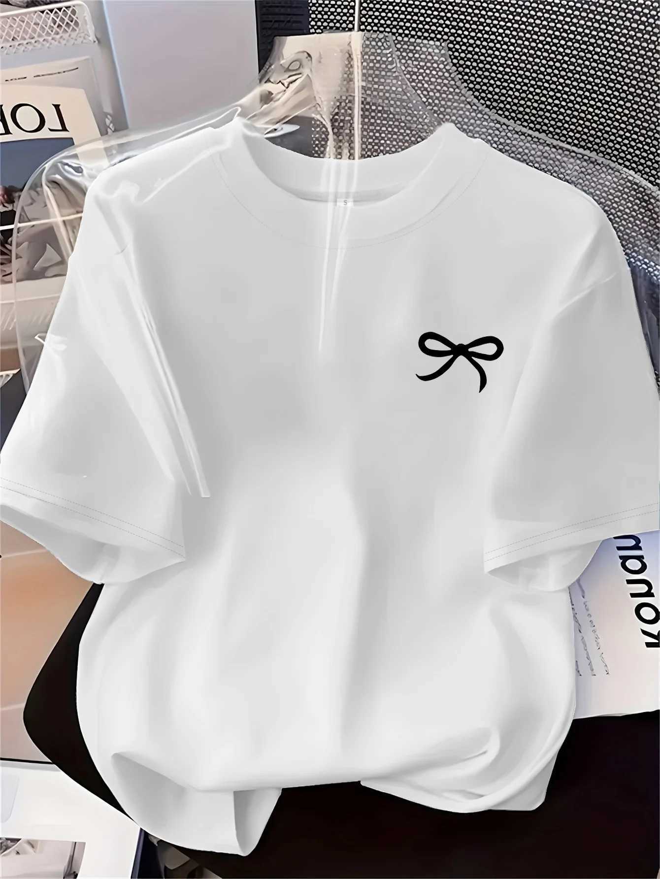 New Womens T-shirt Black Bow Printed Simple Style Casual Fashion Short Sleeve T-shirt Soft Comfortable Summer Women Clothing M260317