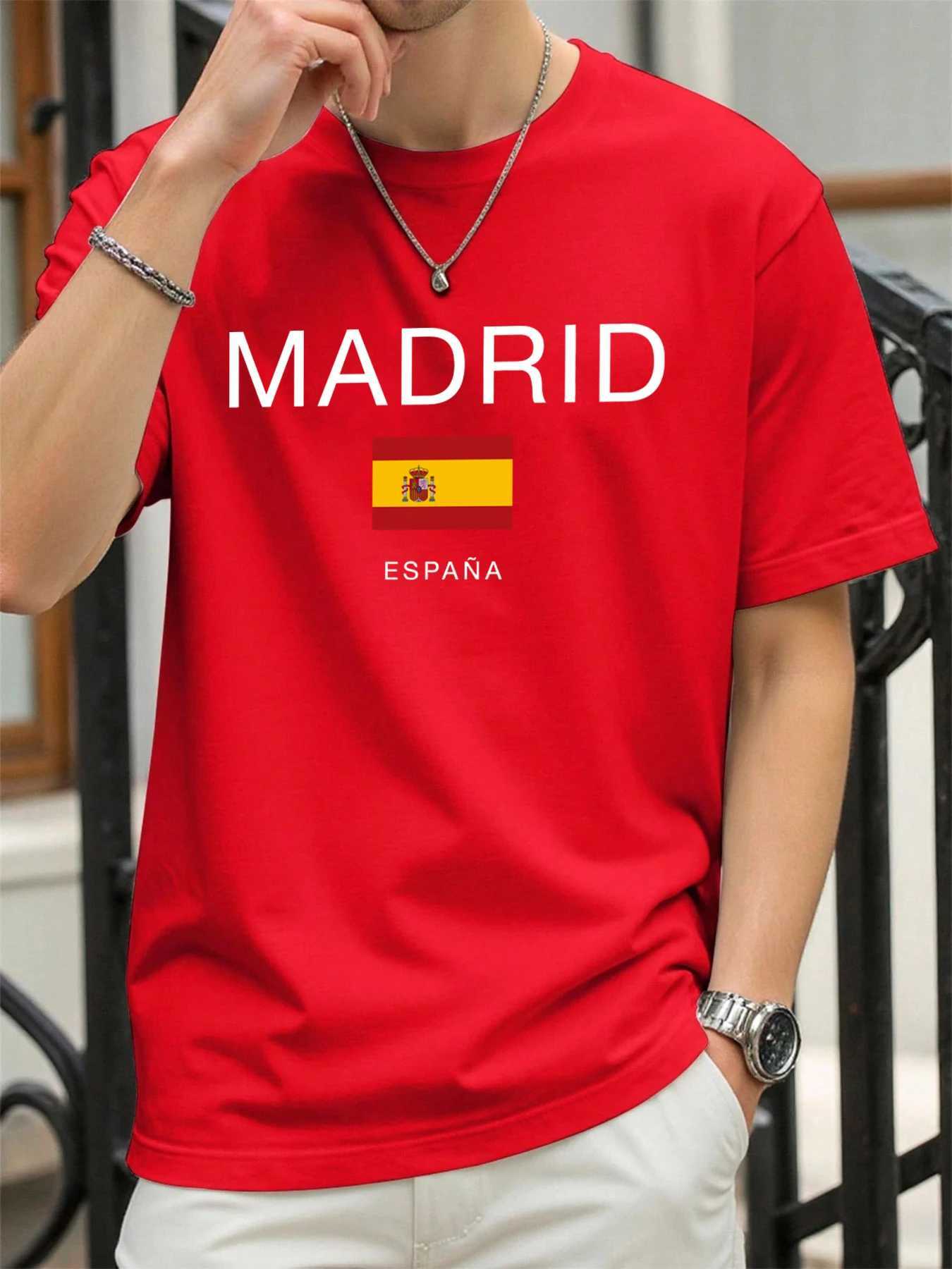 Madrid Spain Flag Pattern Man Basics T-Shirt Casual Loose T Shirts Hip Hop Cotton Streetwear Summer Comfortable Short Sleeve M260317