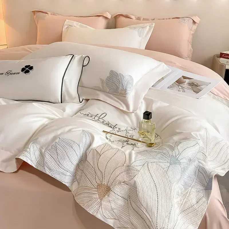 Embroidery 100 Cotton Bedding Set Luxury Home Textile Duvet Cover Set 220x240 High End Hepburn Style Skin Friendly Bedding Sets D260317