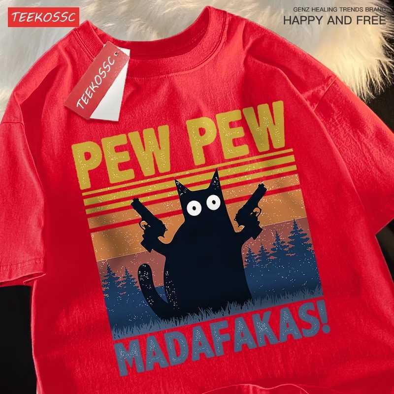 Pew Madafakas Double Gun Cat Short Sleeve Oversized Breathable T Shirts Cotton Summer Clothing Street Casual Tshirt Men M260317