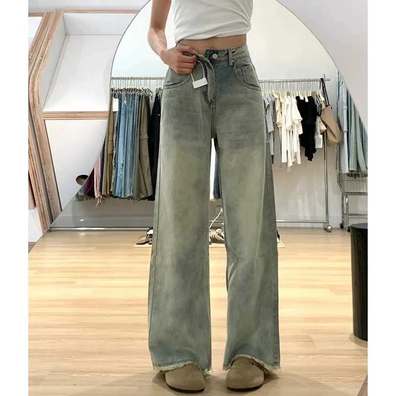 Chic Designer Lady Raw Edge High Waist Jeans Pants Women Fashion Straight Leg Denim Pants s Korean Casual Loose Trousers M260317