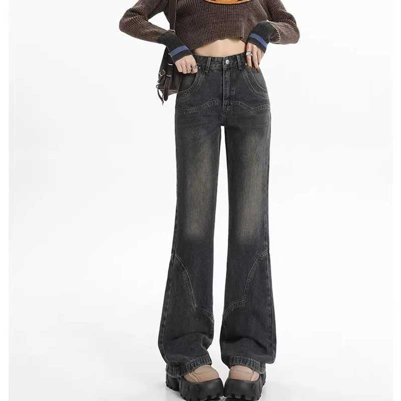 New Vintage High Waist s Flared Jeans Lady Chic Korean Solid Denim Trousers Women Fashion Casual Straight Leg Pants M260317
