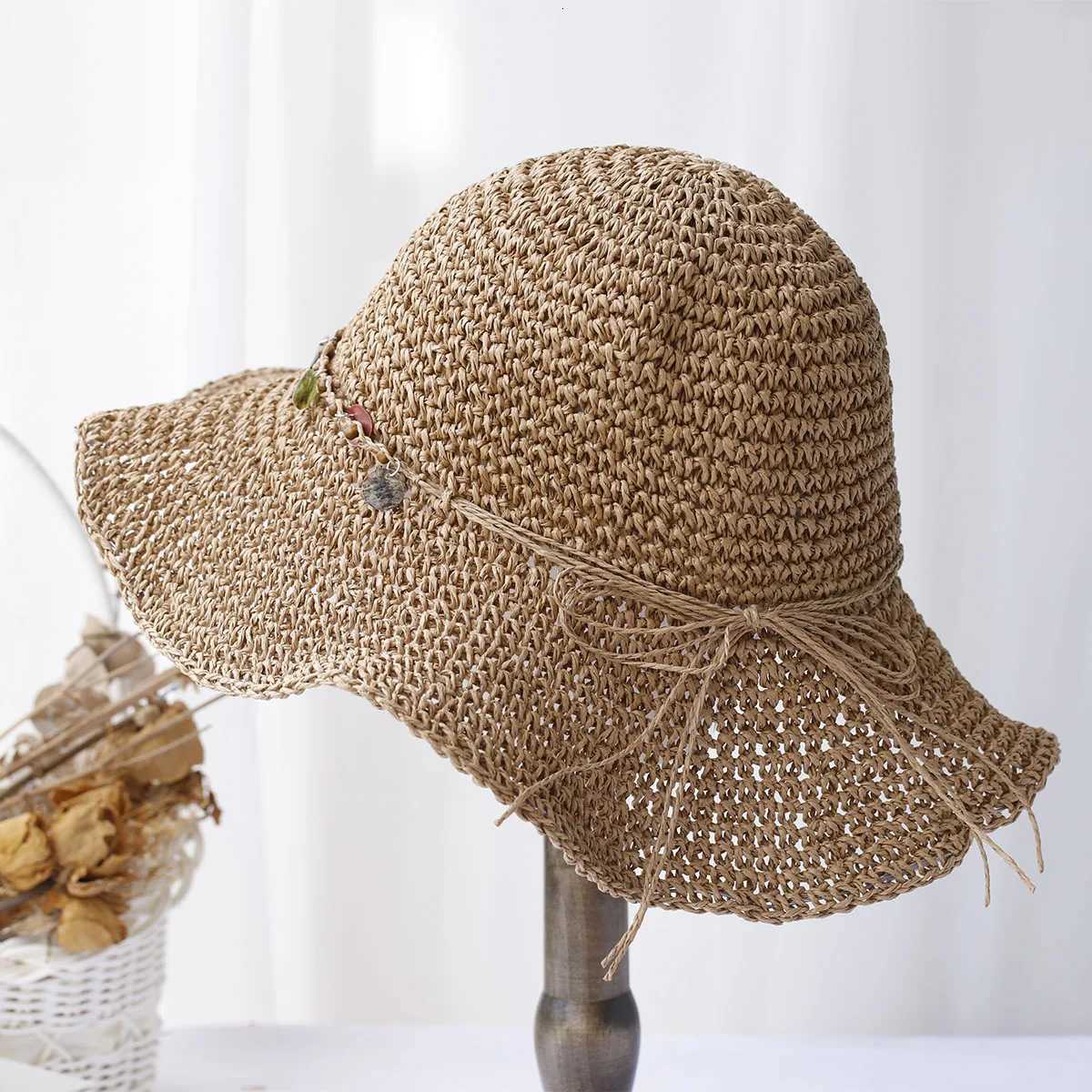 Girl New fashion Style bucket hat Multicolor Foldable Sun Crochet Hat For Beach Travel And Vacation handmade straw hat H260317 - view 5