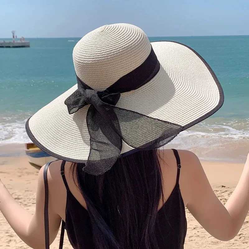 1Pc Womens Seaside Bow Beach Hat Oversize Straw Hat Womens Summer Sun Block Big Brim Hat Suitable For Sun Protection H260317 - view 5