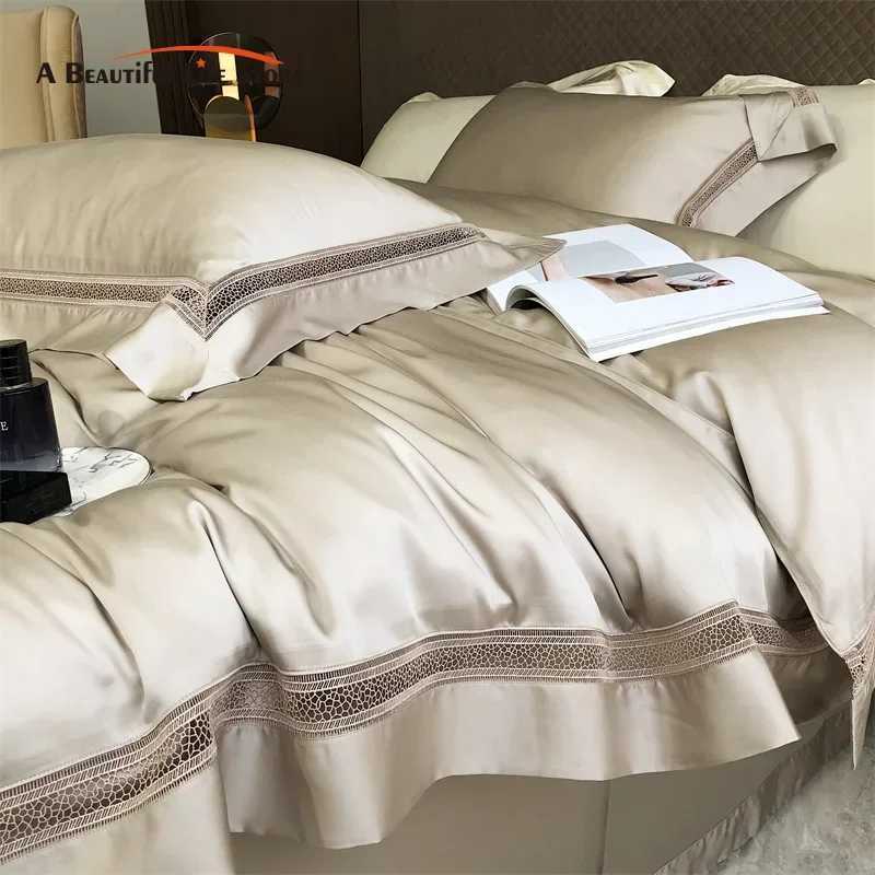 1000TC Egyptian Cotton Soft Cozy Bedding Set Hollow Lace Broad Side Duvet Cover Flat Fitted Bed Sheet Pillowcases Luxury D260317