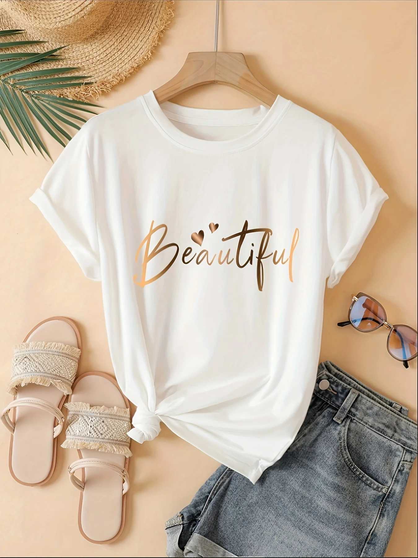Beautiful Gold Script Womens Tee - Casual Burgundy Graphic Top M260317