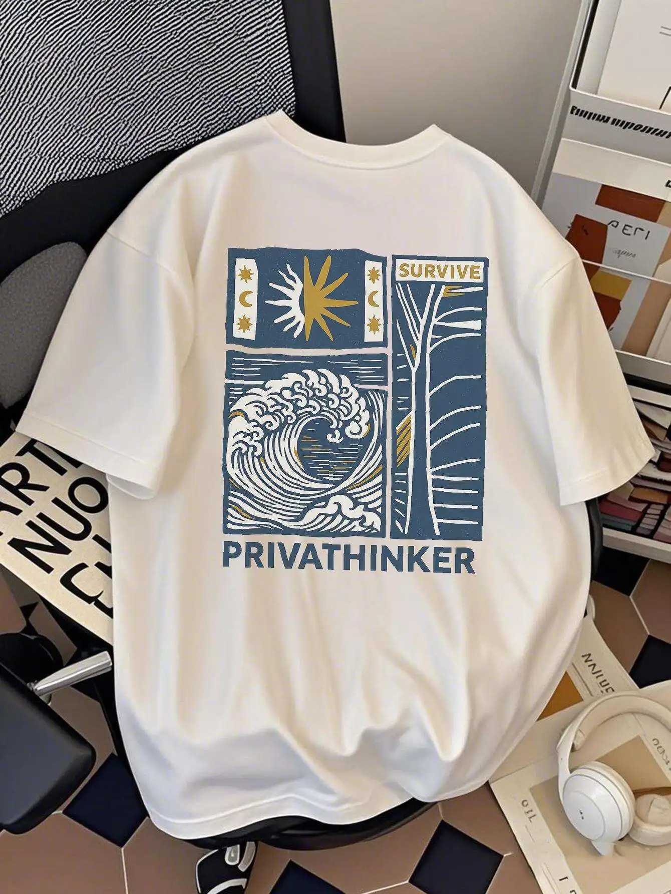 New Summer Men Loose T-shirt with Japanese Waves and Sun Patterns 100 Pure Cotton Versatile and Trendy Fashionable Comfortable M260317