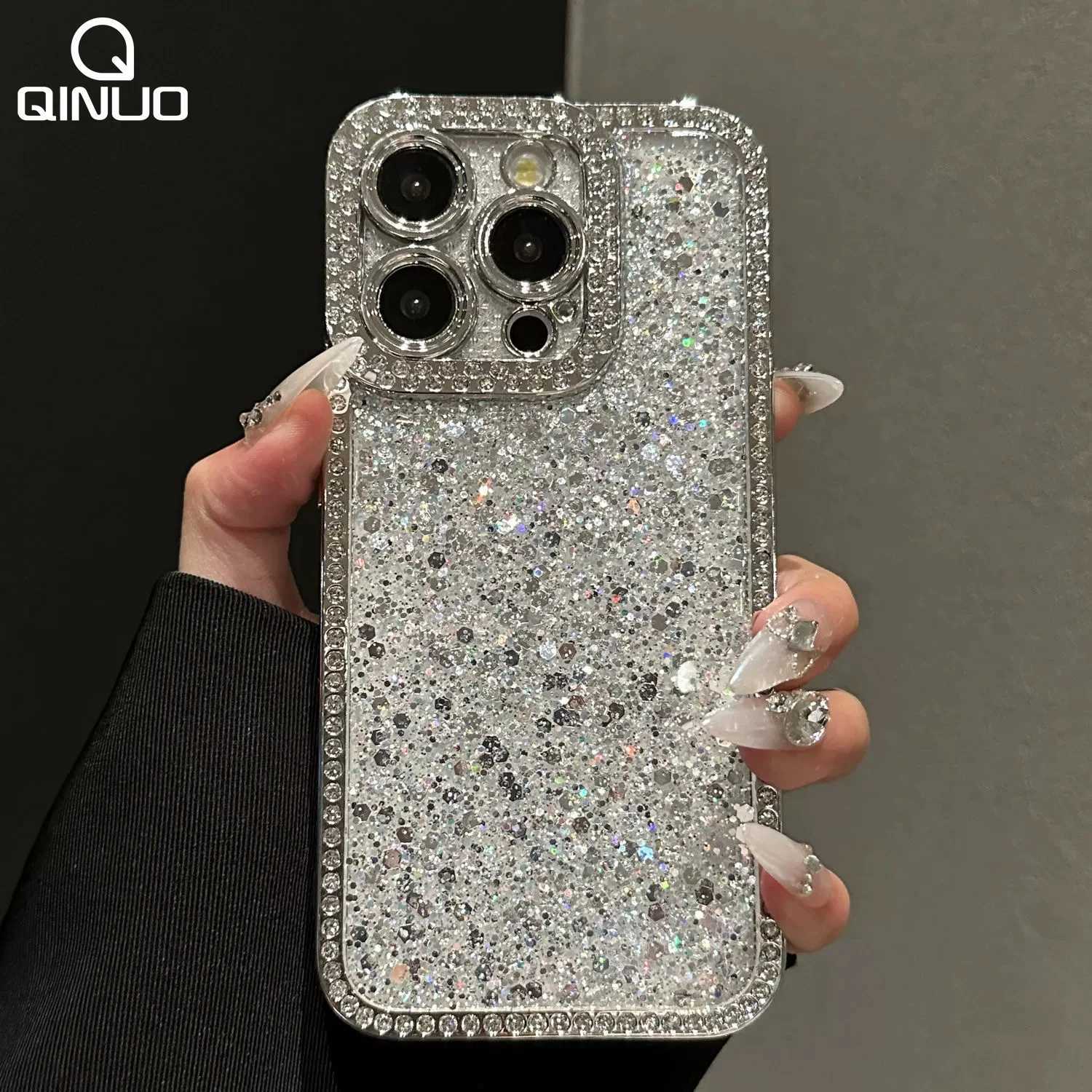 Luxury Diamond Frame Bling Sequins Glitter Case For iPhone 15 14 13 12 11 Pro Max Plus Clear Soft Silicone Shockproof Cover C260314