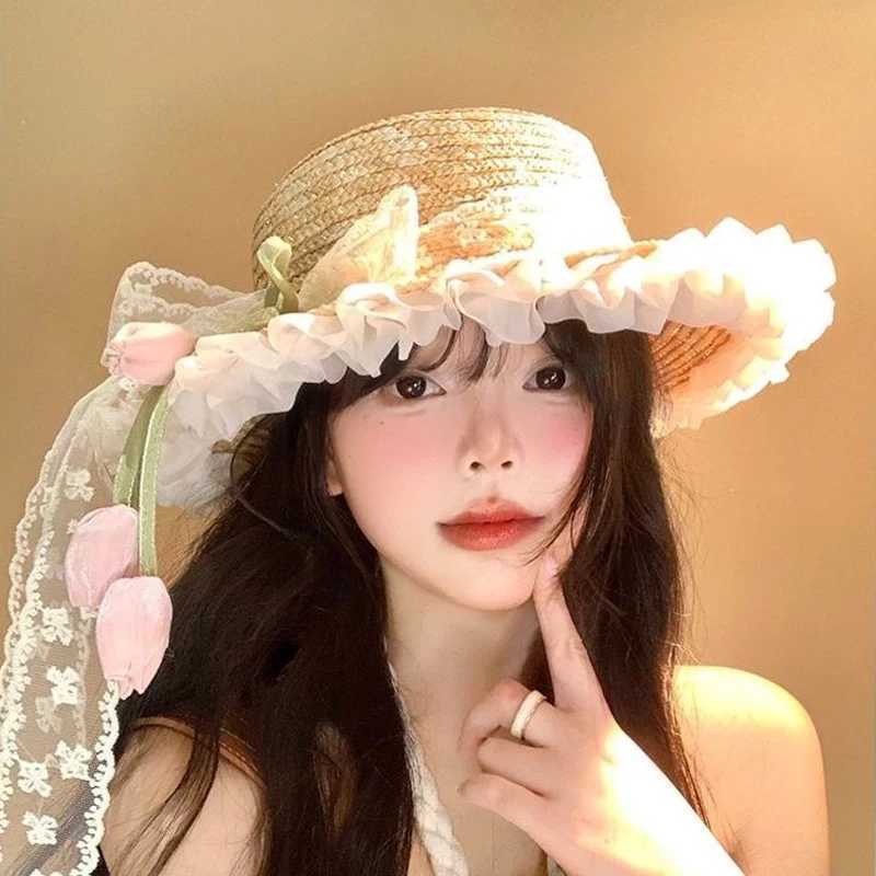 Womens Sun Protection Hats Tulip Bow Sweet Kawaii Fashionable Countryside Style Grass Hats Beach Ribbon Woven Grass Sun Hats H260317 - view 5