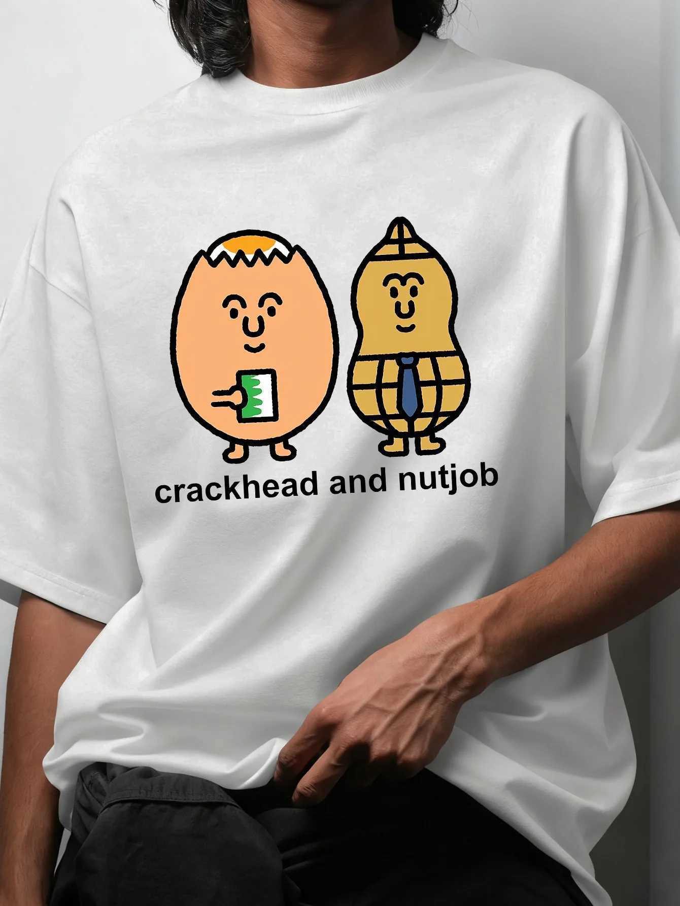 Summer European American Men Humorous Style T-shirt with Egg Peanut Cartoonish Patterns Suitable Daily Outings 100 Pure Cotton M260317