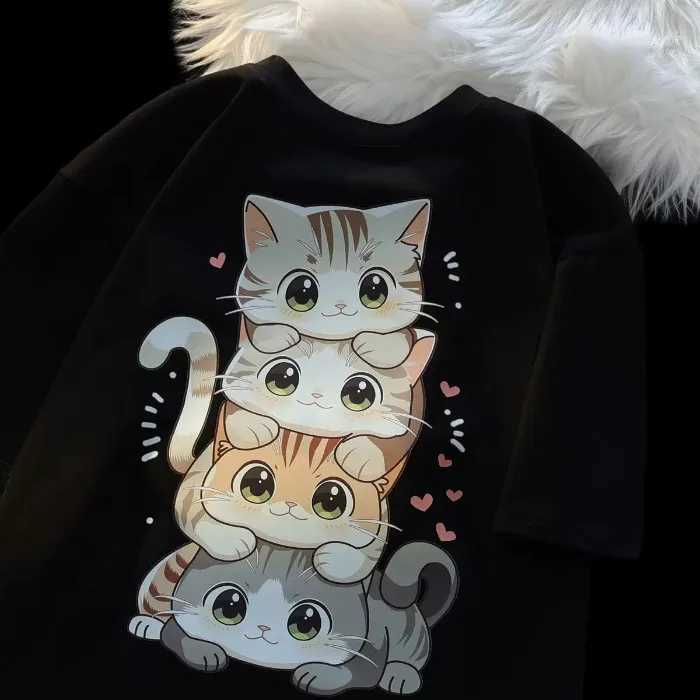 Cute Cartoon Cat Print Womens Round Neck Short Sleeved T-shirt Casual Loose Versatile Summer Tshirt M260317