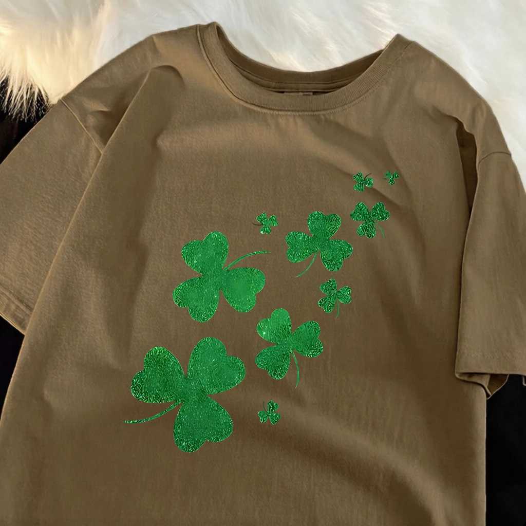 Green Clovers Printing Fashion Basics T-Shirt Man Cotton Crewneck Comfy T Shirts Summer Loose Clothes Commute Sport Short Sleeve M260317