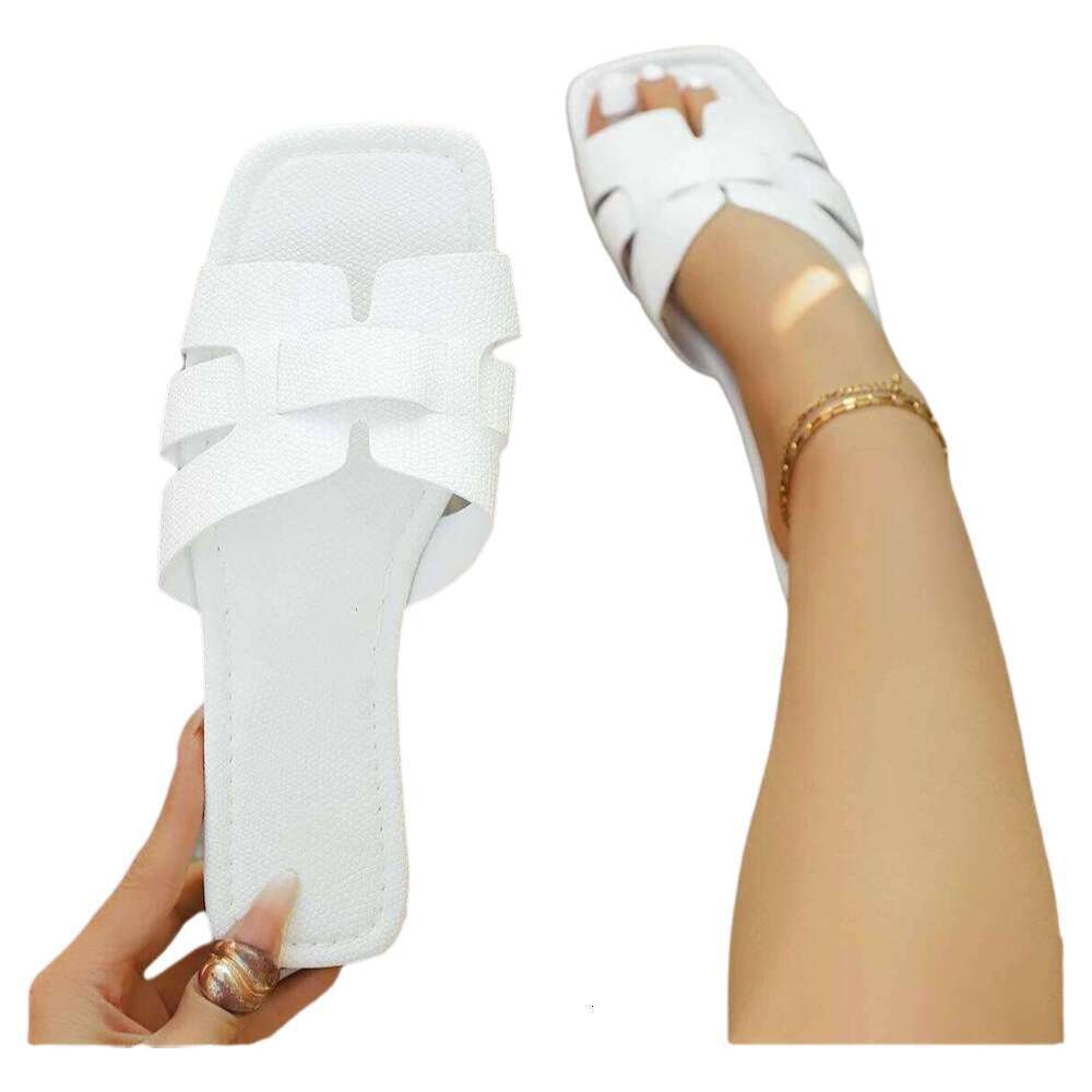 Solid Color Lightweight Sandals Square Toe Slip on Shoes Trend Casual Flat Slippers Luxury Slides Women
