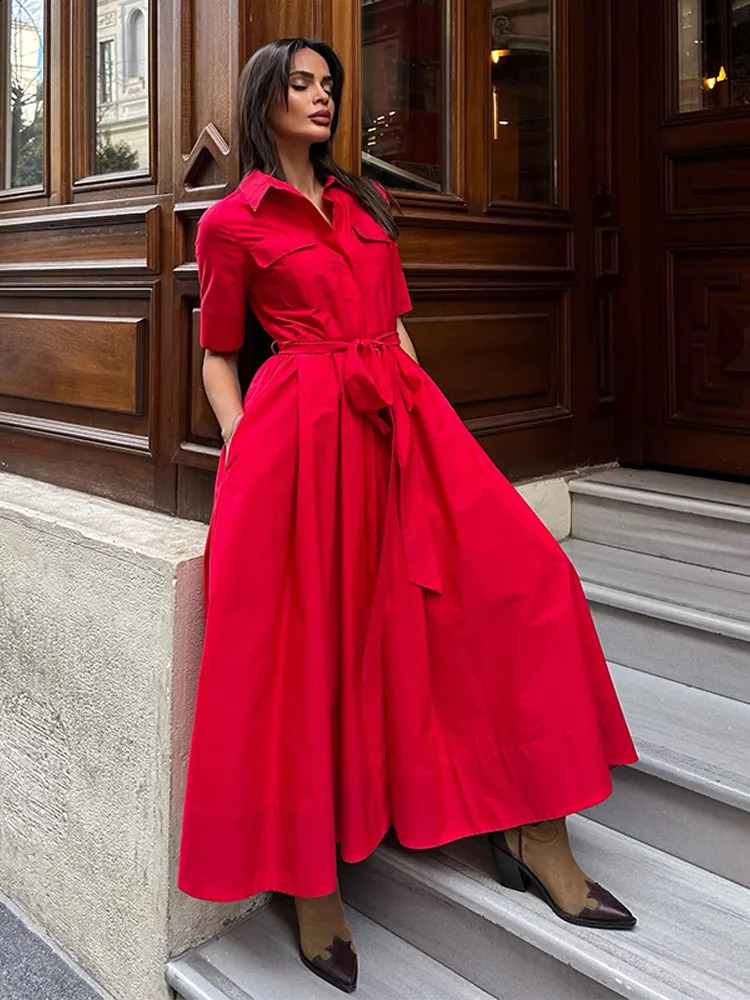 Fashion Pleated Waistband Long Dress Women Lapel Short Sleeve A-line Maxi Shirt Dresses Summer Lady Casual Street Outfit 260312 - view 3