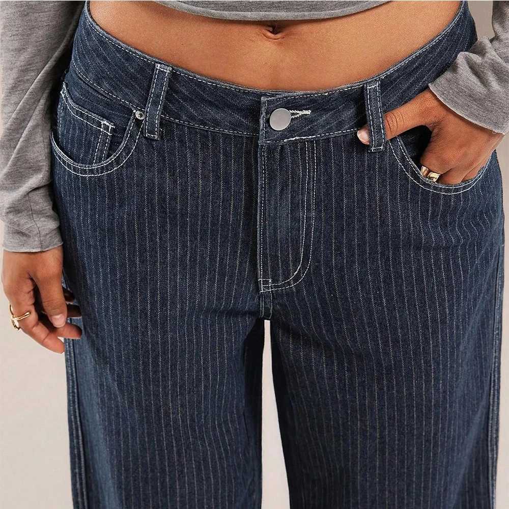 Women Mid Waist Jeans Spring Autumn Daily Matching Comfy Loose Wide Leg Trousers Fashion Stripe Straight Leg Denim Fabric PantsT260317