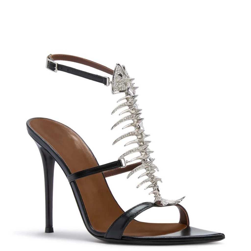 2026 Spring/Summer New Womens Fishbone Rhinestone Embellished Sandals Stiletto Pointed Toe T Strap Modern Evening Sandals K260317