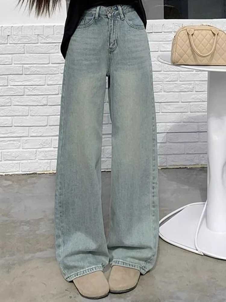 Woman 2024 Spring High Waist Wide Leg Trousers Female Washed Narrow Version Straight Leg Pants Fashion Light Blue Stacked Jeans M260317