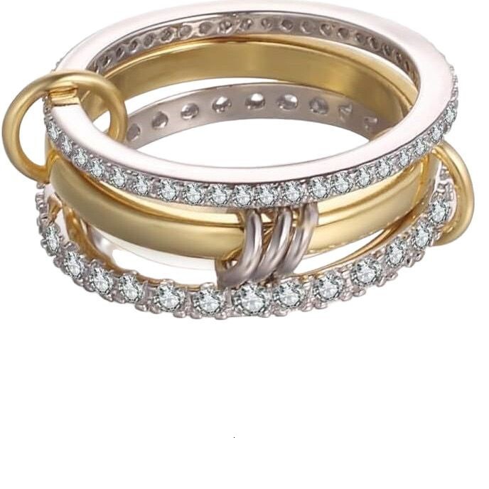 Stackable 18K Titanium-Steel Ring with Cubic Zirconia and a Thick, High-Gloss Gold and Silver Double Band