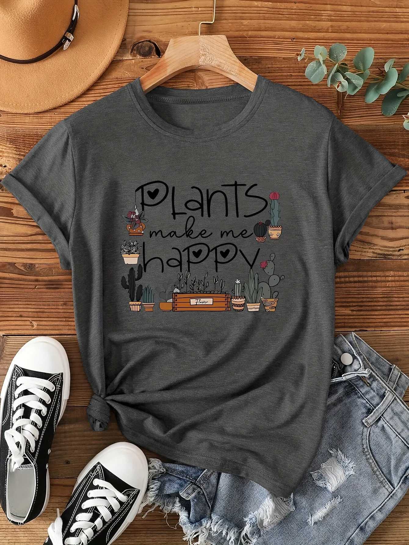 Plants Make Me Happy Womens Tee - Cute Plant Lover Graphic Casual Green Top M260317
