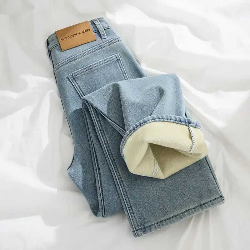 Jeans for Woman Y2k Pants Light Color Fleece Lined Thick Straight Leg High Waist Elastic Cigarette Pants 2025 Autumn WinterT260317