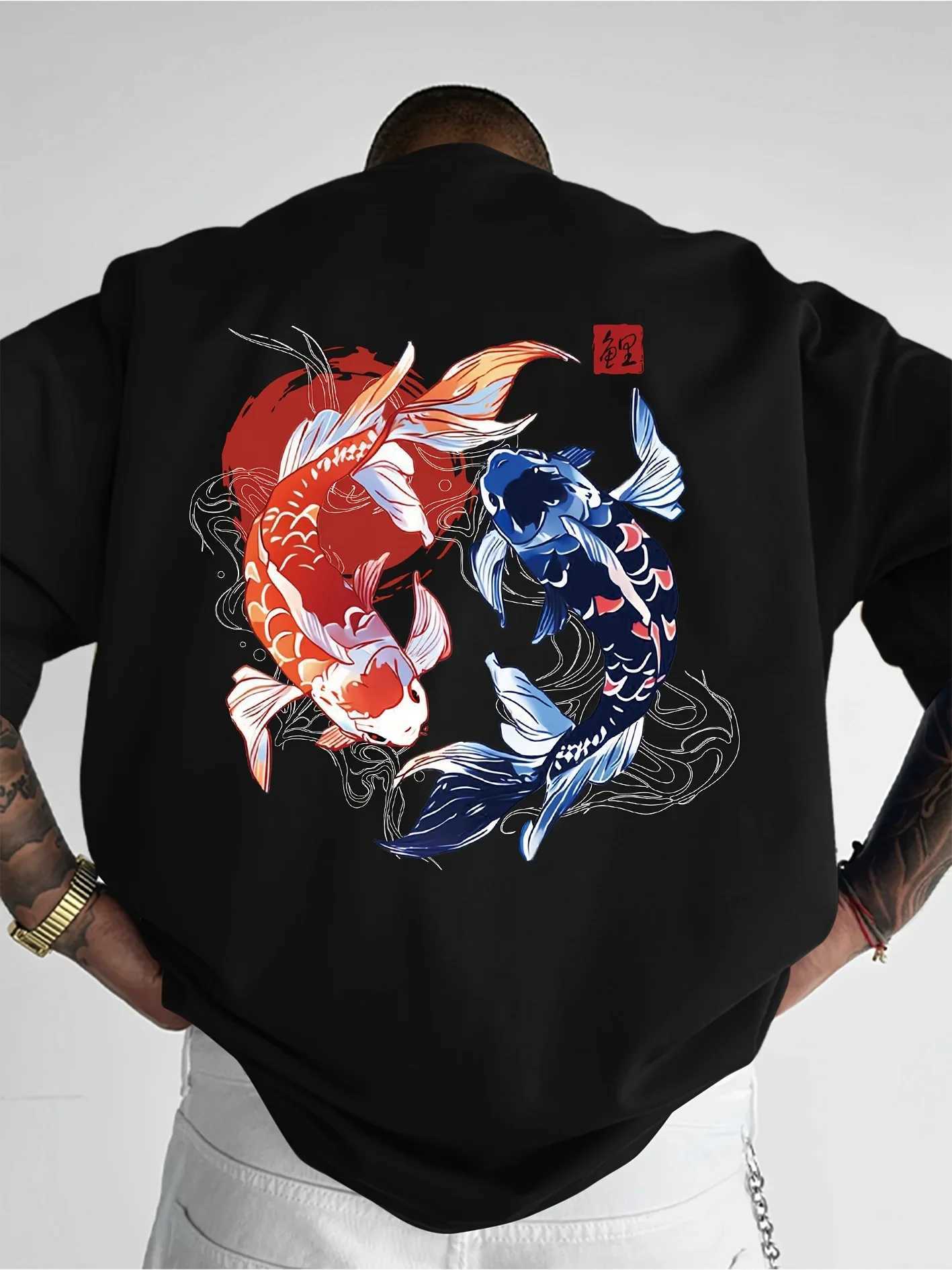 Koi Printed Pattern T-shirt Mens Loose and Comfortable Pure Cotton Round Neck Short Sleeve Fashion Casual Trend Mens Clothing M260317