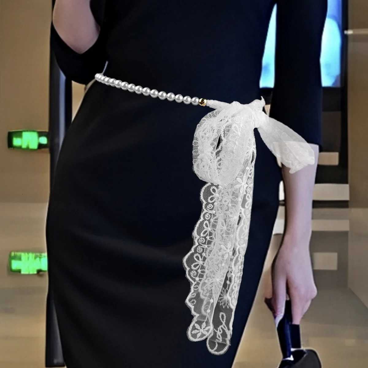 New French sexy lace lace-up chain belt fashionable hair accessory strappy bag knot tassel decoration pearl waist chain women H260316 - view 4