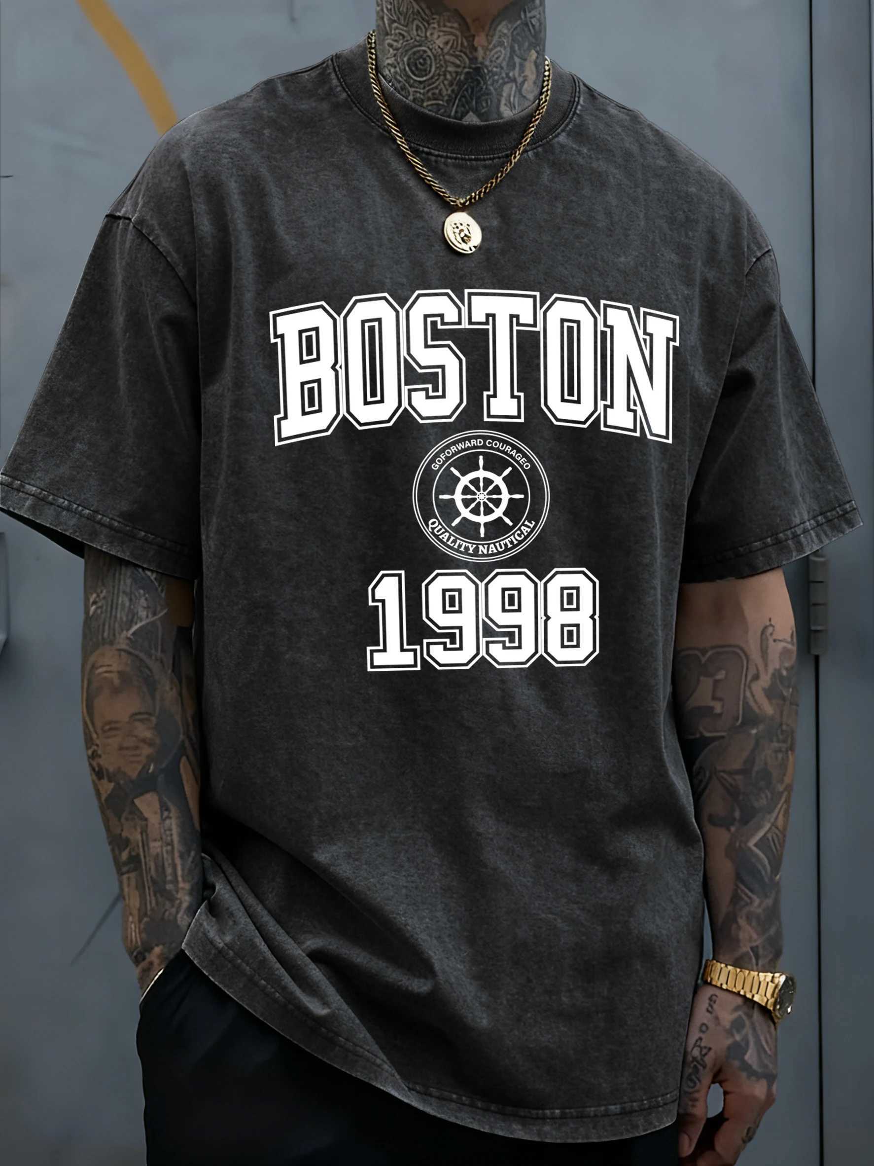 Boston City 1998 Art Letter Prints Man Summer Washed Tee Shirt Sport Soft T Shirts Cotton Loose Clothing Trendy All-Match Top M260317