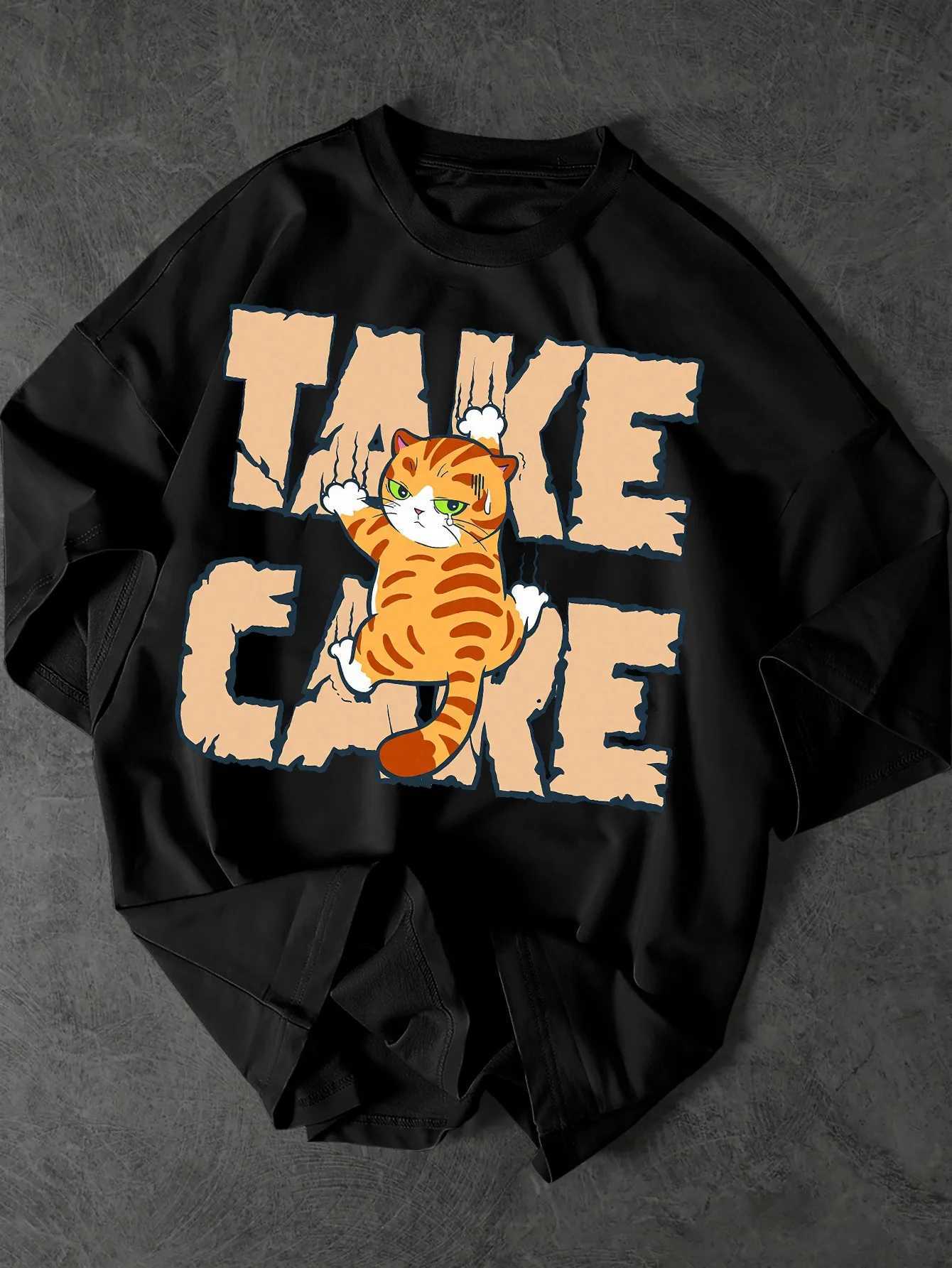 Men Fashionable Summer T-shirt with Orange Cat Pattern Trendy and Versatile Suitable Casual Daily Wear 100 Pure Cotton Material M260317