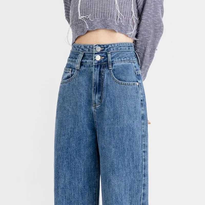 New Woman Chic Double Buckle High Waist Jeans s Casual Baggy Wide Leg Pants Lady Korean Designer Straight Leg Denim Trousers M260317