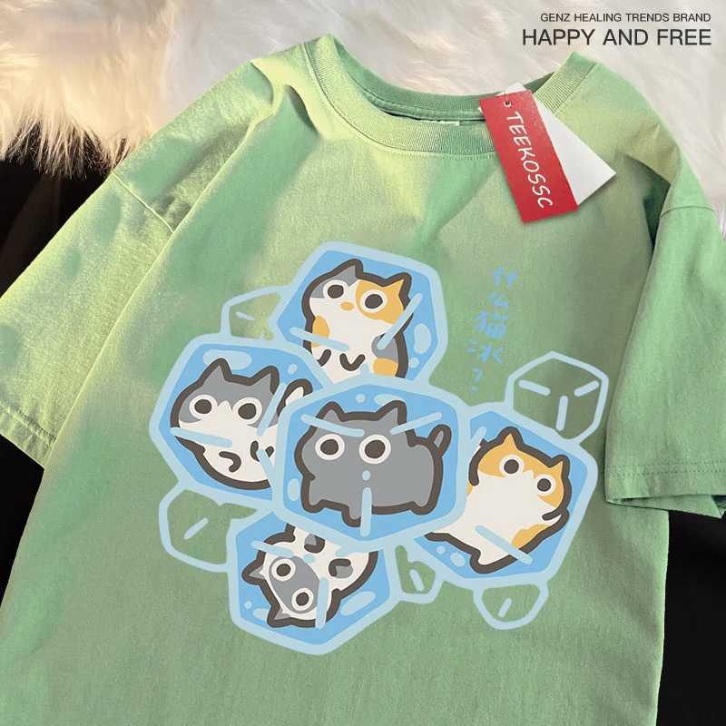 Ice Cat Fun Cartoons Cats Print Clothes Men Women Oversize Breathable T Shirt Summer Comfortable Casual T-Shirt Cotton Tee Shirt M260317
