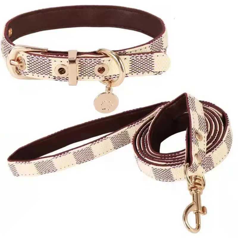 Dog Collars Leashes Leather Collar and Leash Set Adjustable Basic Check Pattern Durable Harness with Metal Buckle SuitablT260314