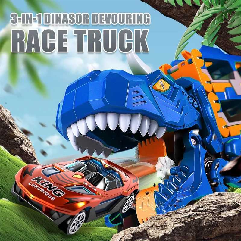 Dinosaur Transport Racing game Toy Set With 12 Molded Racing Cars Transforming Dinosaur Car With Handle Gift For Kids Aged 3-5 Y260316